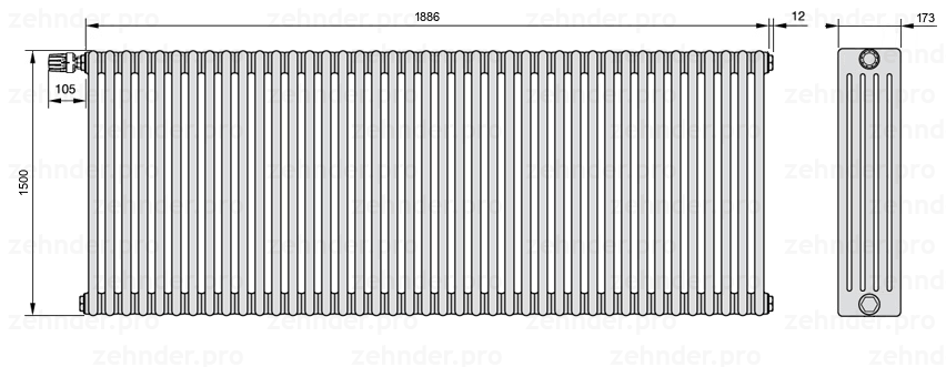 Схема (чертеж) Радиатор Zehnder Charleston 5150/41 №V011 Белый глянцевый RAL 9016